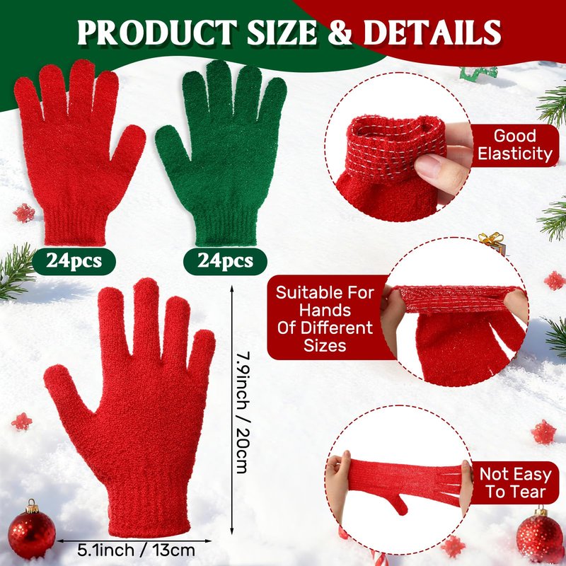 Tasdurian 48 Pcs Red and Green Exfoliating Gloves Shower Gloves Bulk Christmas Stocking Stuffing Gifts Double Sided Body Scrub Exfoliate Glove for Women & Men Bath Shower Beauty Spa Massage Scrubber