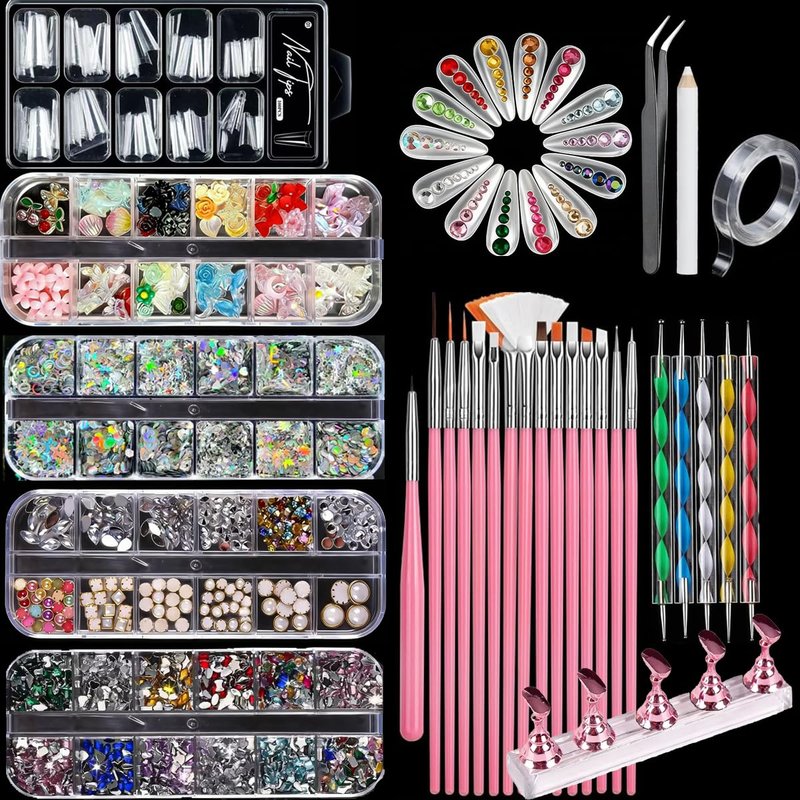 Nail Charms Nail Art Tools Set, Nail Art Kit with 4 Boxes of 3D Nail Charms and Gems Rhinestones, 1 Box Clear Nail Tips, 15 Pcs Nail Art Brushes, 5 Pcs Nail Dotting Tools, Nail Stand (colorful)