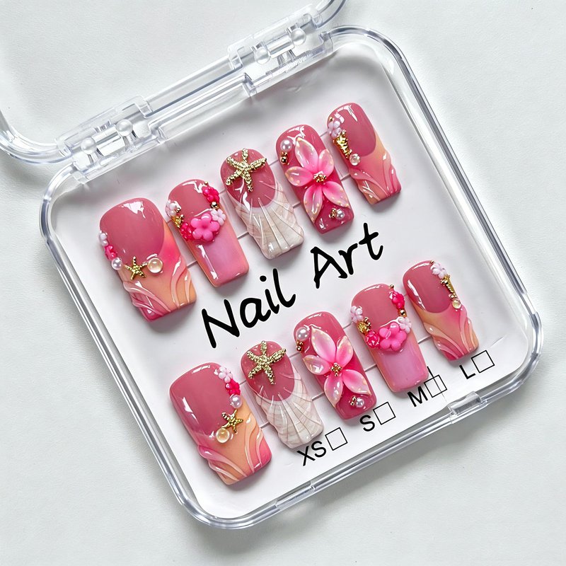 Press On Nails Medium Square Handmade 3D Flower Starfish Shell Pink French Tip Full Cover False Nails Stick on Nail for Women Beach Vacation Daily, 10Pcs (M)