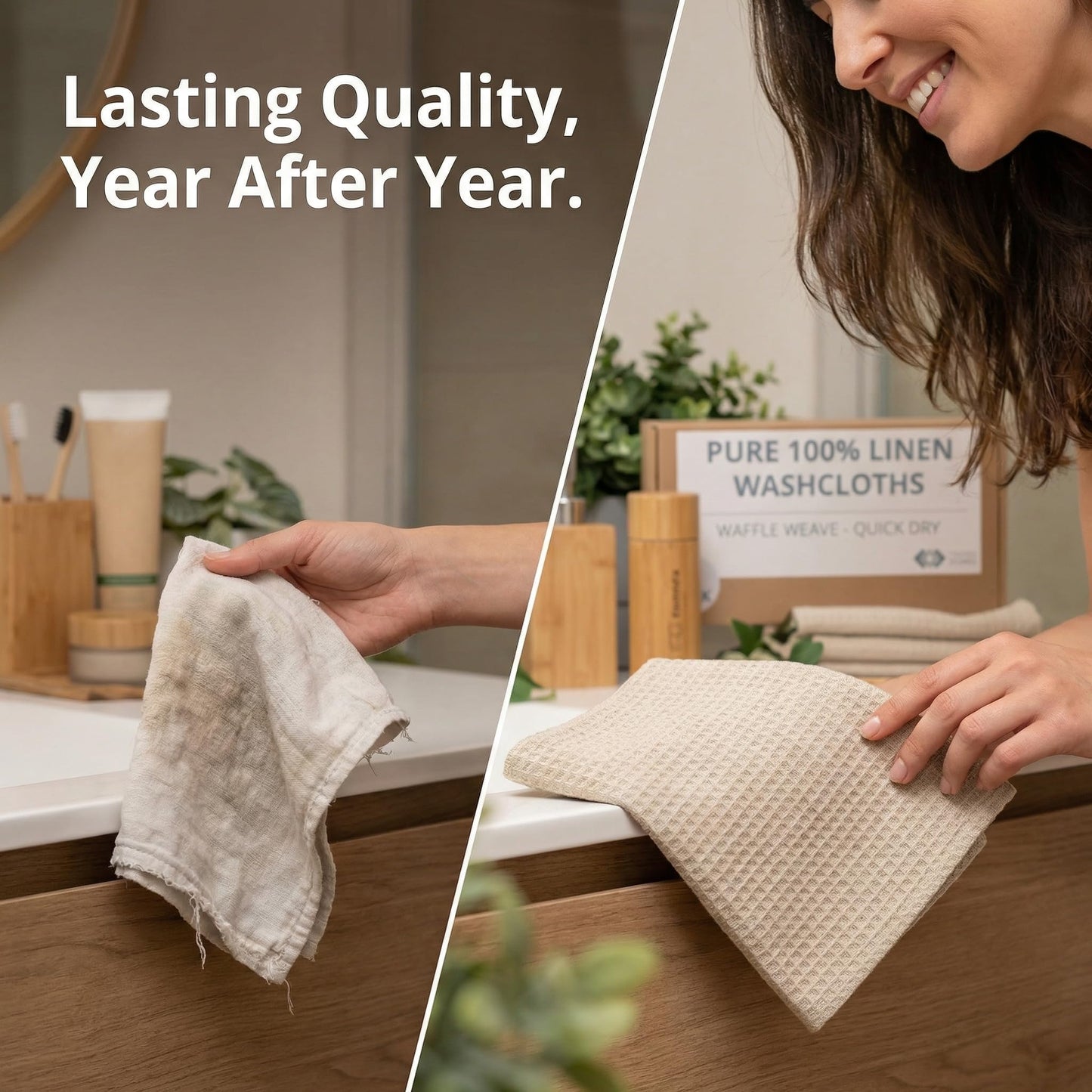 Thing Stories Flax Linen Washcloths for Bathroom - Waffle Washcloths 4-Pack 10x10 inch - Linen Face Cloths - Waffle Weave Cleaning Cloths with Loop - Exfoliating Face Towel for Women
