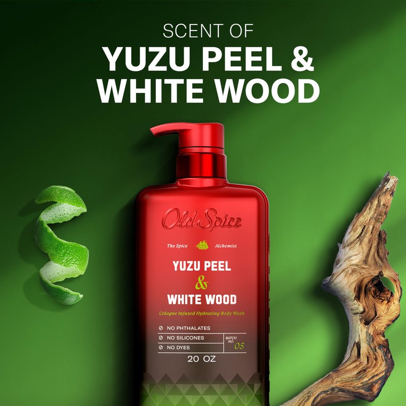 Old Spice Body Wash for Men, The Spice Alchemist Collection, 24/7 Cologne Infused Hydration, No Trade Off Formula, Free of Phthalates Silicones & Dyes, Yuzu Peel + White Wood Scent, 20 oz