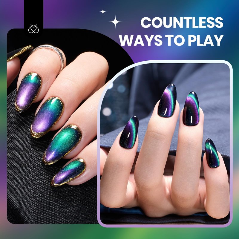 Beetles Cat Eye Gel Nail Polish - 15ML 9D Chameleon Cat Eye Green Purple Double Magic Colors Gel Polish with Magnet Soak Off UV Velvet Gel Galaxy Drift Collection Nail Art Design Gift for Women