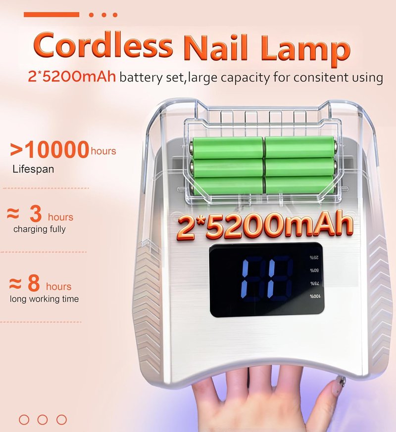 Cordless LED UV Nail Lamp - Professional Fast Curing Gel Dryer | 2 Pcs 5200mAh Battery Set, Portable Acrylic Manicure Light (White)