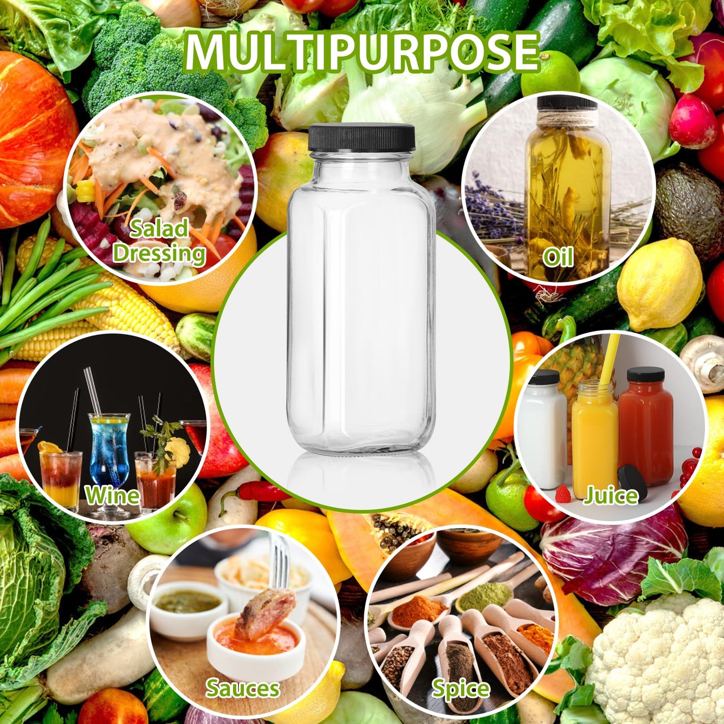 Alotpower 12 oz Glass Juice Bottles with Lids 12Pack, 360ml Square Reusable Drinking Bottles for Juicing, Water, Kombucha Juices, Milk, Beverages and More (12fl.oz, Set of 12)