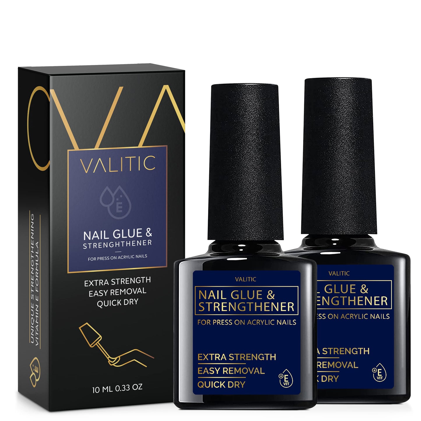 Valitic Strong Nail Glue and Strengthener for Acrylic and Press On Nails - Quick Dry Brush On Gel for Long Lasting Effect - Adhesive Nail Bond for False Nails with Tips Strengthener - 2 Pack
