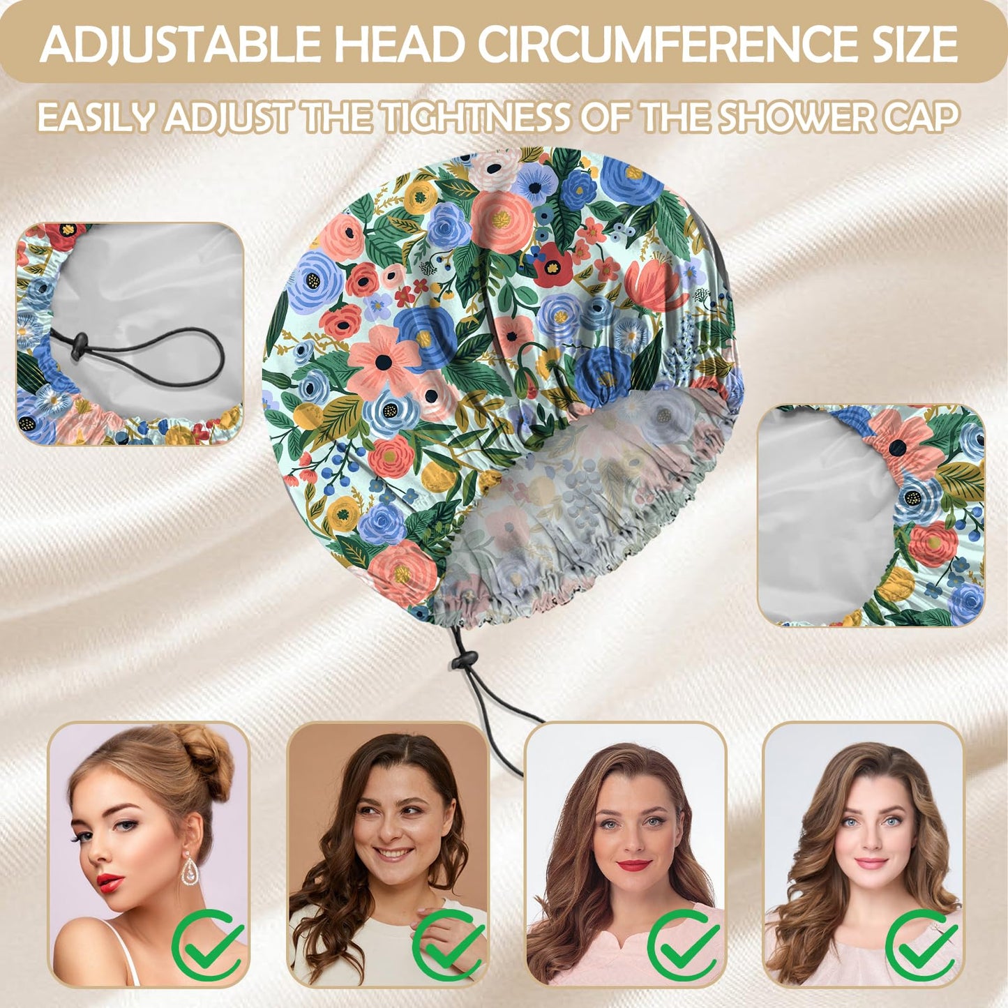 BHAHB 2 PCS Shower Cap Reusable Waterproof Double Layer Elastic Adjustable Hair Bath Caps Cute Aesthetic for Women Girls-Flowers