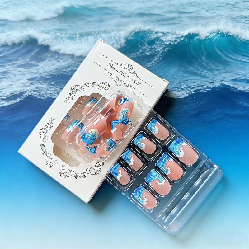 Blue Ocean Press on Nails Medium Square Fake Nails French Tip False Nails with Summer Waves Designs Glossy Full Cover Stick on Nail Reusable Artificial Nails for Women Beach Vacation