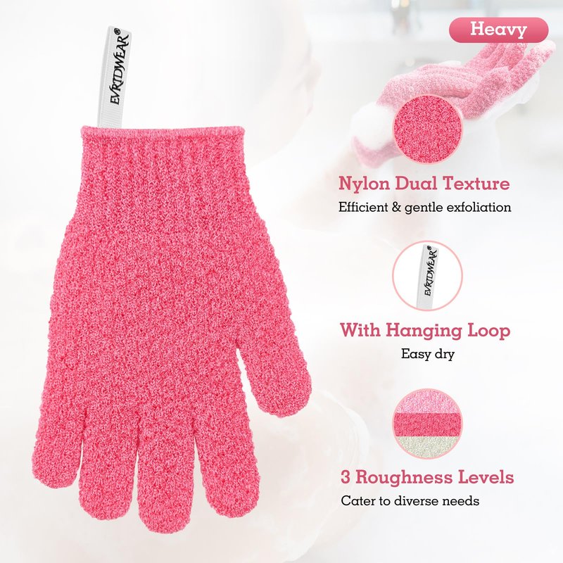Evridwear Exfoliating Gloves for Shower, 100% Nylon Thick Soft Medium Heavy Bathing Gloves Dead Skin Remover Body Scrubber Smooth Skin with Hang Loop (Hot Pink Deep Exfoliation- 3 Pairs)