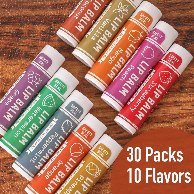 AZEN 30 Pack Lip Balm, Natural Lip Balm Bulk, Lip Care Product, Moisturizing Lip Balms for dry cracked lips, Mothers Day Gifts Easter Basket Stuffers - 10 Flavors