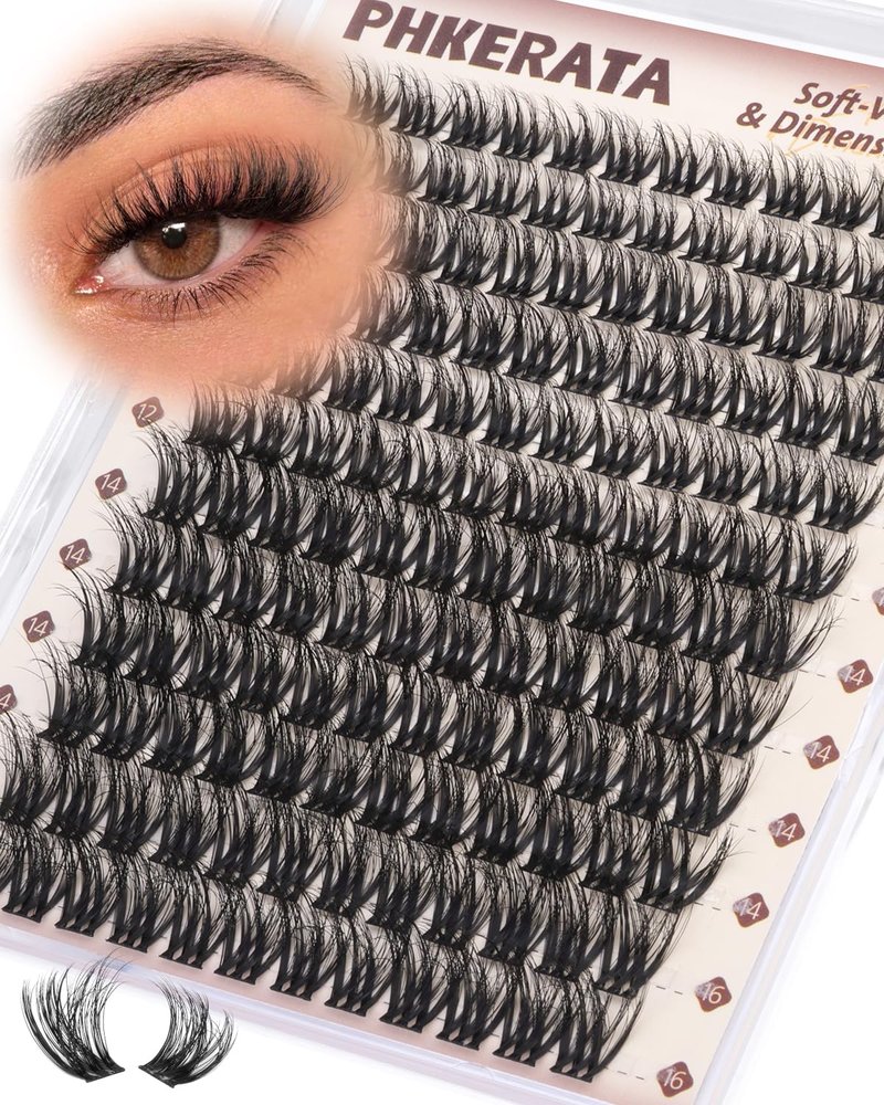 PHKERATA Fluffy Lash Clusters Wispy Eyelash Clusters, D Curl Cluster Eyelash Extensions, Light Volume Individual Lashes Cluster with Soft Thin Band, 10-16mm, 144Pcs