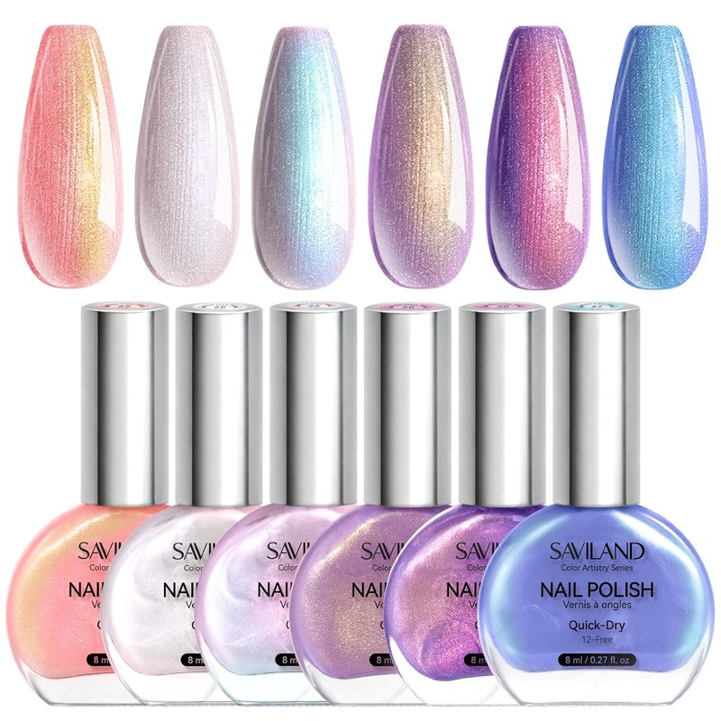 SAVILAND Pearl Nail Polish Set: Quick Dry 12-Free Aurora Summer Nail Polish 6 Shimmer Purple Pink Blue Colors Fingernail Polish Set Vegan Nail Toes Lacquer DIY Nail Art Home Use Christmas Gift Women