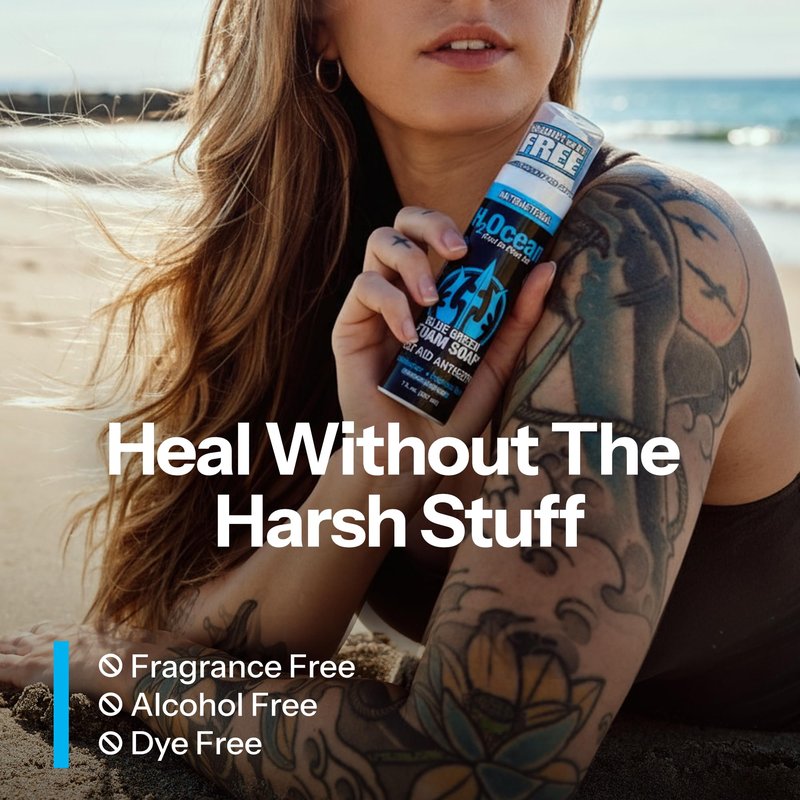 H2Ocean Blue Green Foam Soap - Tattoo Aftercare Cleanser, Antibacterial, Unscented, with Aloe Vera, Moisturizing Care, Safe for All Skin Types, No Harsh Chemicals, Fragrance Free - 7 oz