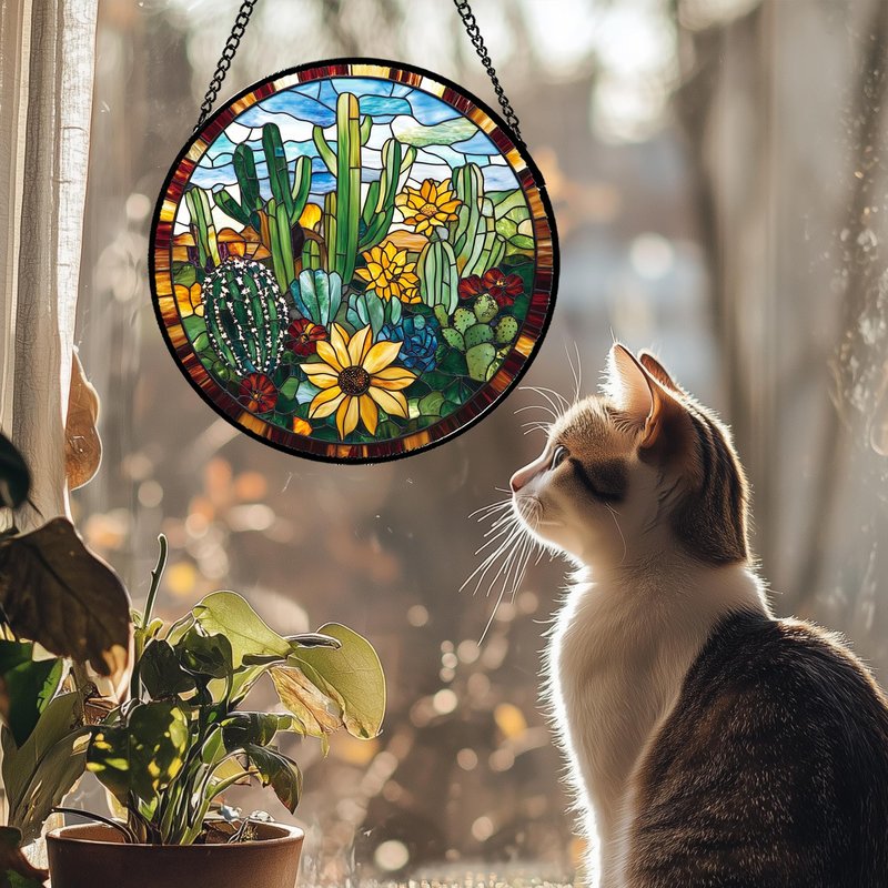 QZQCBLC Stained Glass Window Hanging Green Cactus with Yellow Flowers Large 15" - Suncatcher Door Garden Sun Catcher Home Decor Birthday Christmas for Mom Men Woman Friend Nana