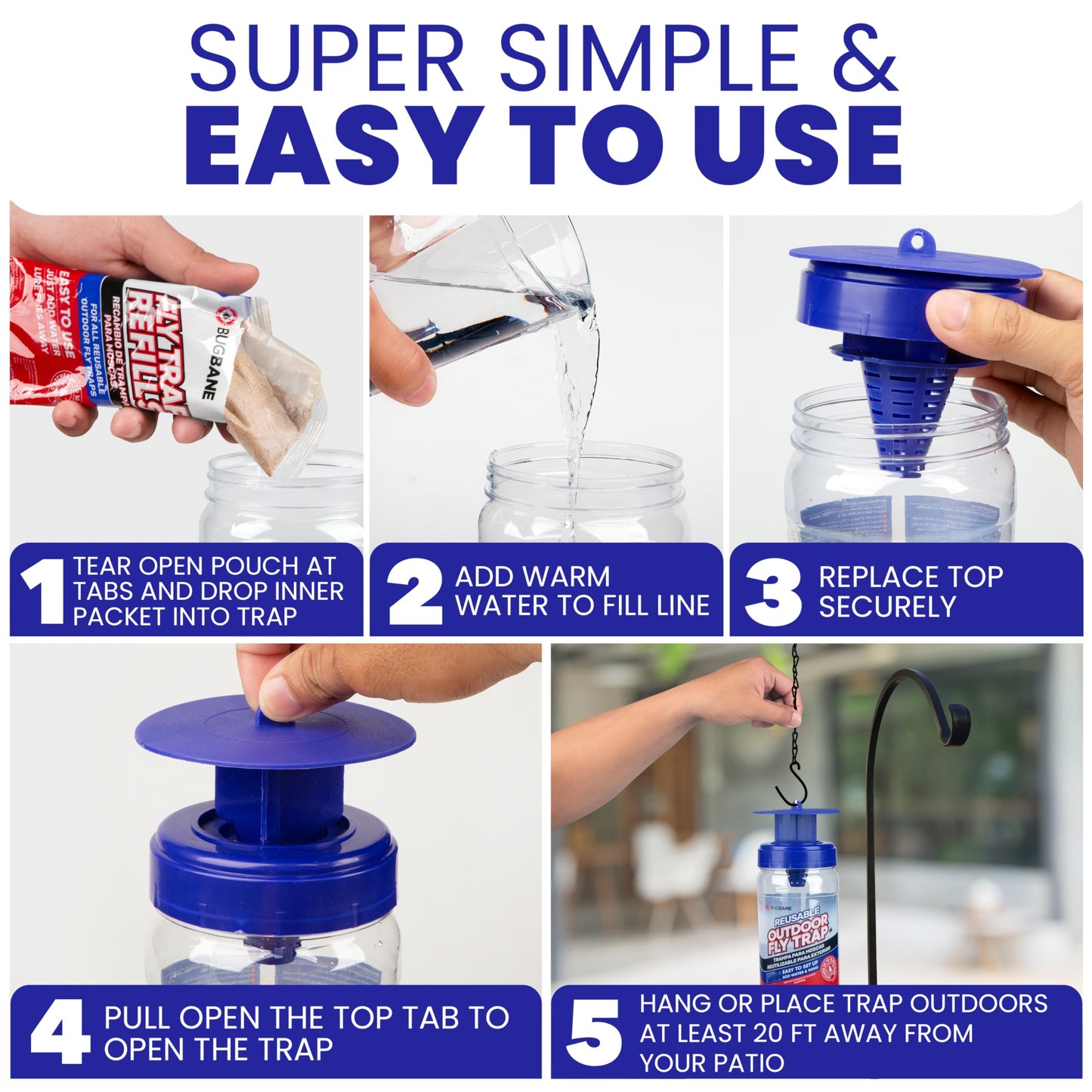 Fly Trap Outdoor Fly Traps for Patio with 2 Non-Toxic Dissolvable Bait Refills. Reusable Hanging Bug Catcher Killer for All Filth Flies for Outside Bug Control Yard Ranch. Hanging Chains Included.
