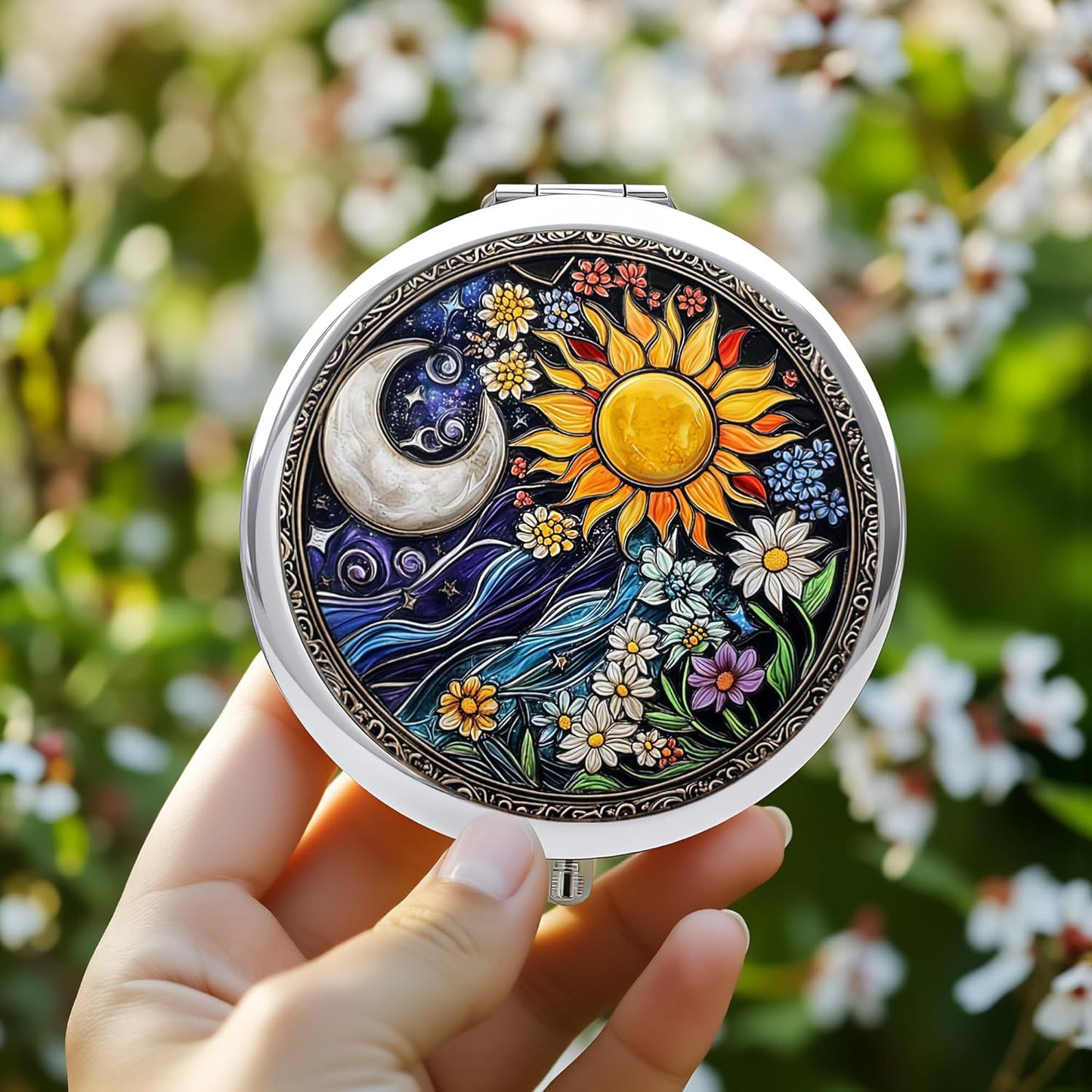 Skiennix Silver Compact Mirror - Double-Sided Folding Makeup Mirror with Floral Design | 2.8x2.8 Inch