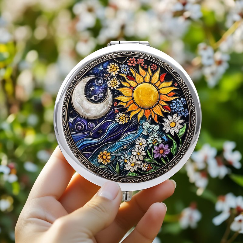Silver Compact Mirror, 2.8x2.8inch Double-Sided Folding Makeup Mirror with Pink Butterfly White Flower Design, Ideal Gift for Women