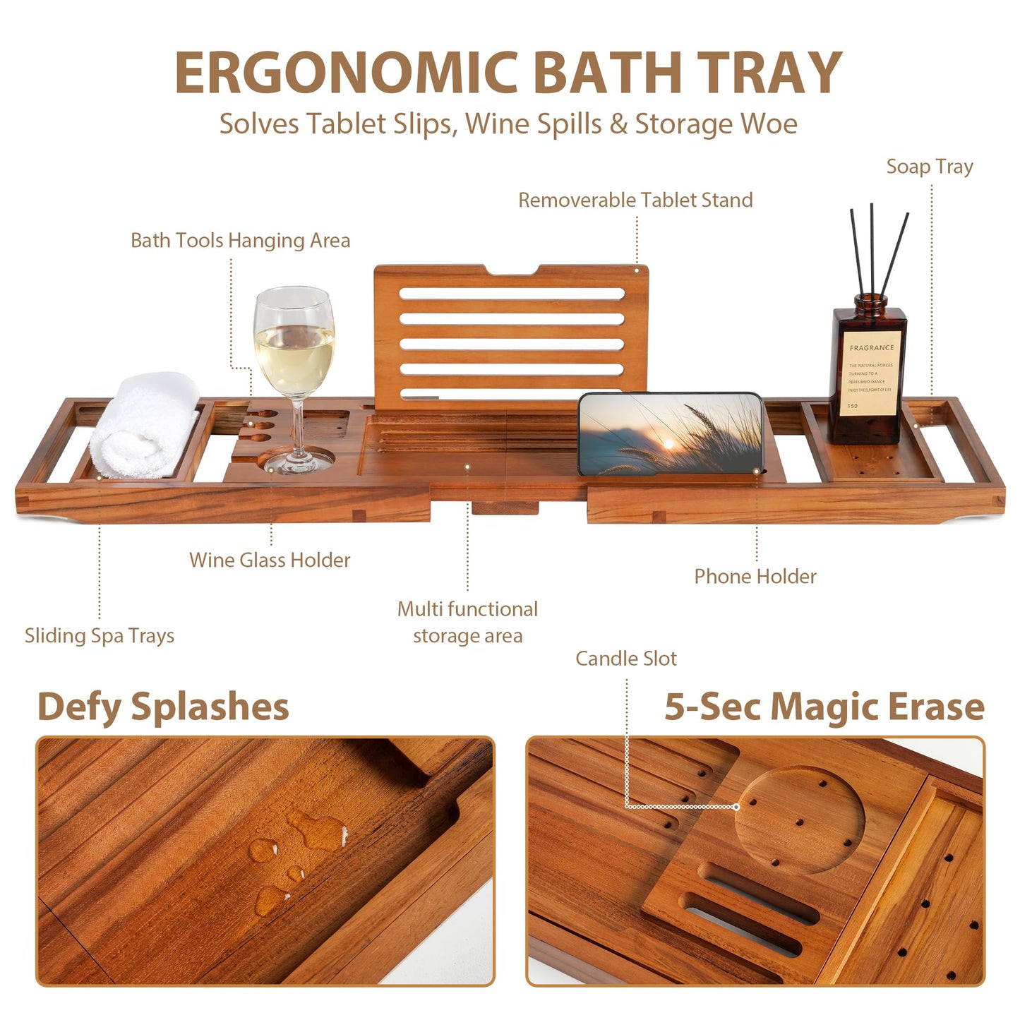 Realgulf Teak Bathtub Tray | Adjustable Width Tray with Wine Holder, Tablet/Phone & Book Stand, Splash-Proof for Bath Time- Natural