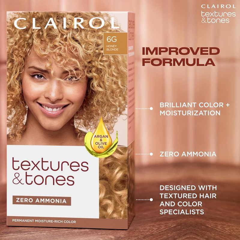 Clairol Textures & Tones Permanent Hair Dye - 6G Honey Blonde | Ammonia-Free, Moisture-Rich Formula with Argan & Olive Oil