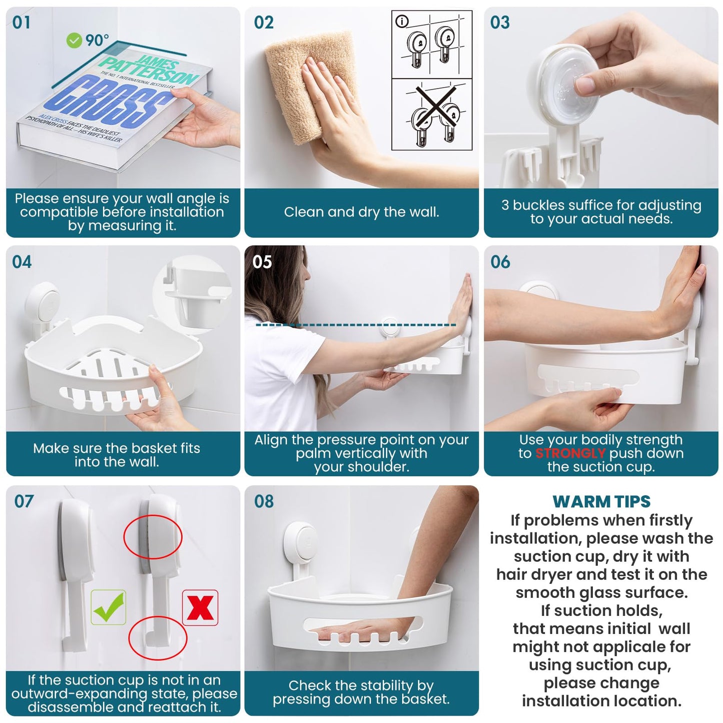 TAILI Corner Shower Caddy with Suction Cups, Wall Mounted Organizer Plastic Rack for Small Bathrooms, Kitchen, Removable Drill-Free Heavy Duty Shelf Basket, White