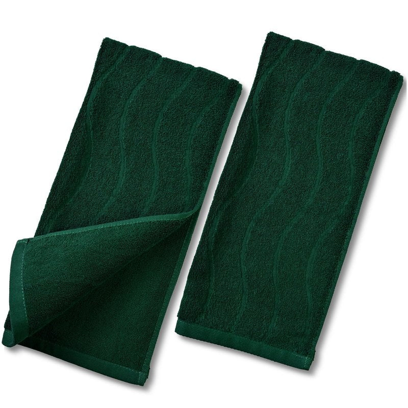 Jacquotha 2-Piece Hand Towels Set in Forest Green, Wavy Striped Jacquard Towels for Bathroom Kitchen (13x29 Inches, 100% Cotton)