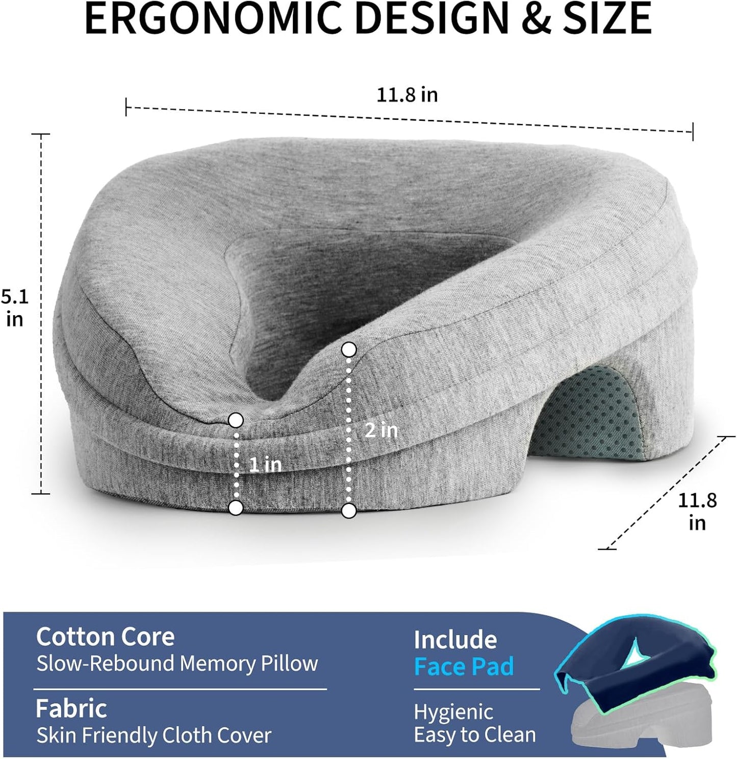 VVB Face Down Pillow - Comfortable Massage Headrest for Stomach Sleeping | Grey with Removable Cover