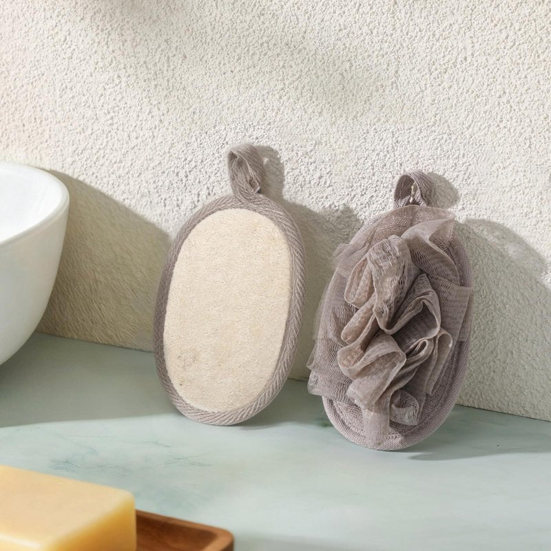 2 Pack Natural Loofah Exfoliating Body Scrubber, 2 en 1 Bath Shower Pouf Sponge for Women and Men, for Face and Body That Gets You Clean (Grey)