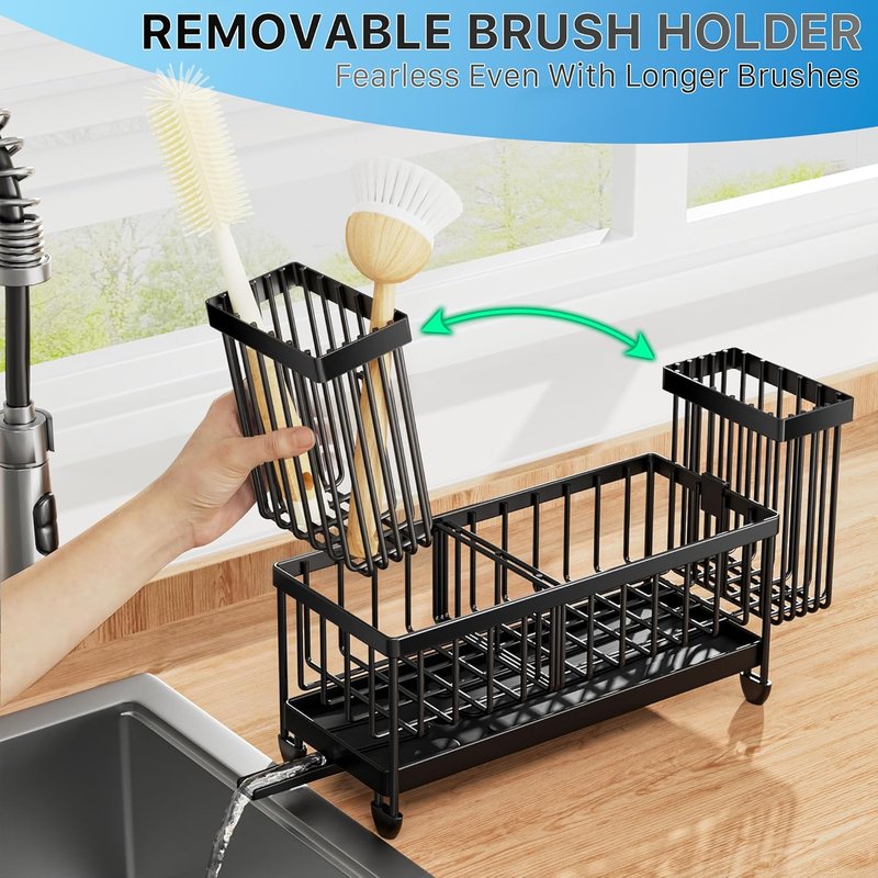 Cisily Kitchen Sink Caddy Organizer - Rustproof 304 Stainless Steel Sponge Holder | Black, 9.25”