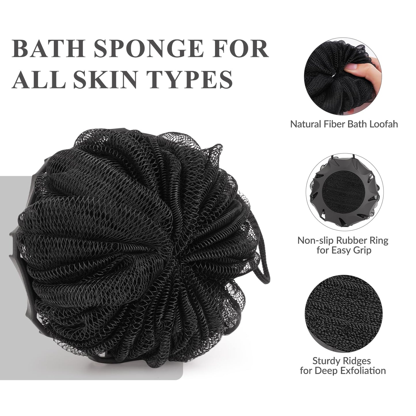 Pumzapapa Black Bath Sponge, Unisex Natural Fiber Bath Sponge, 2-in-1 Loofah Deep Cleansing Body Sponge, Soft and Comfortable, Ideal Body Exfoliating Bath Brush