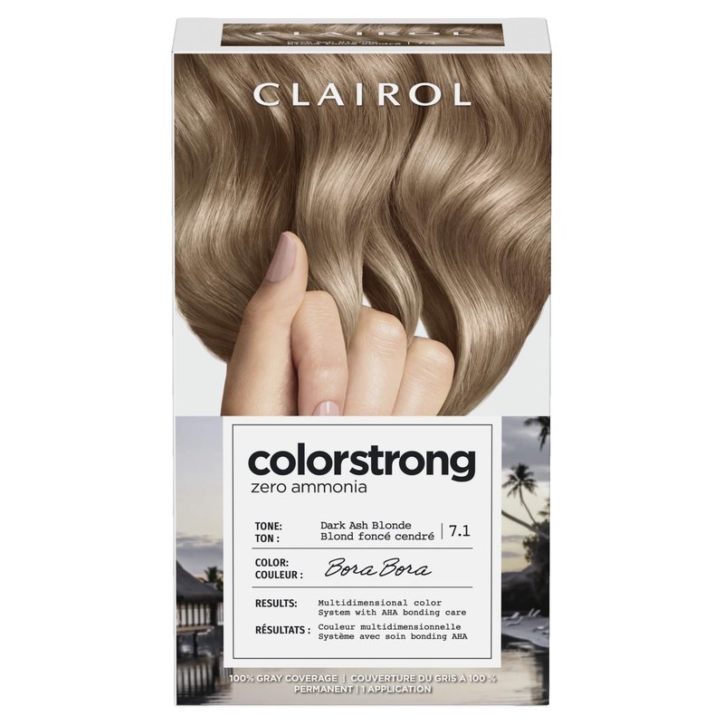 Clairol ColorStrong Permanent Hair Dye, Ammonia‑Free, PPD‑Free, 100% Gray Coverage with Bonding System, 7.1 Dark Ash Blonde - Bora Bora Hair Color, Pack of 1