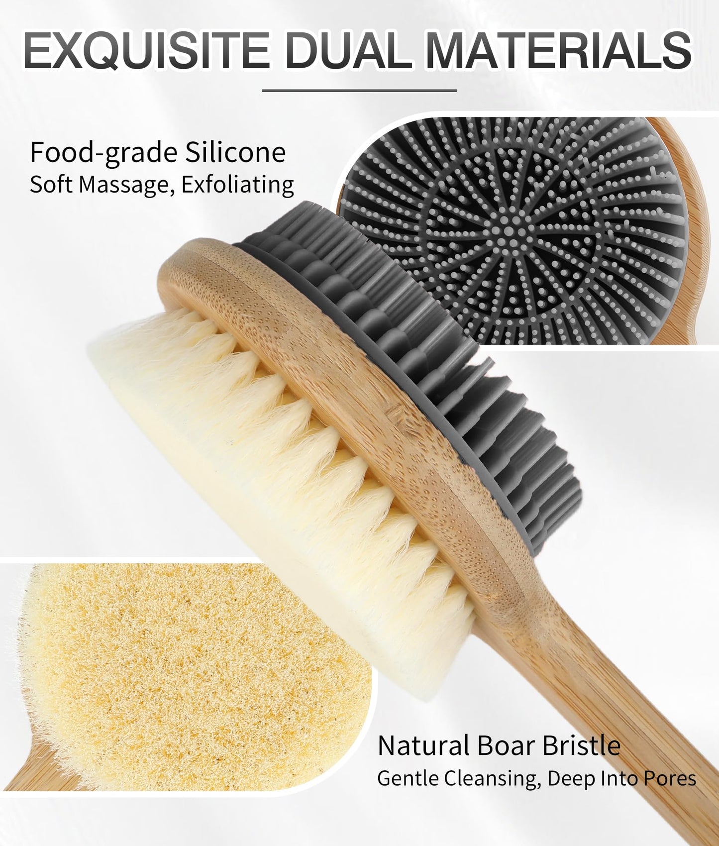 EaTubano Back Scrubber for Shower - Double-Sided Silicone and Super-Dense Bristles for Deep Cleaning & Exfoliation, Bamboo Long Handle with Wider Anti-Slip Grip, Rich Foam, Durable (Grey)