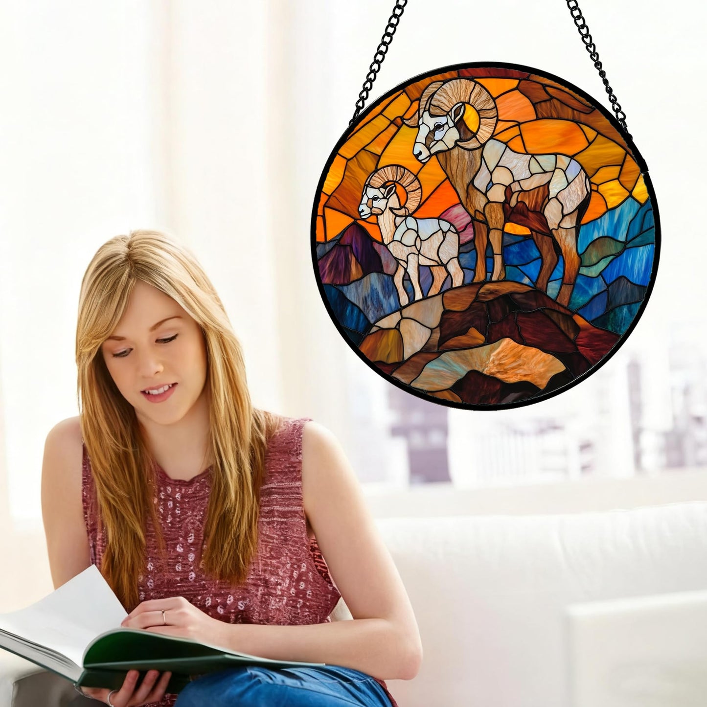QZQCBLC Stained Glass Window Hanging Bighorn Sheep Mountain Landscape 6.3" - Suncatcher Door Garden Sun Catcher Home Decor Christmas Birthday for Mom Men Woman Friends Nana