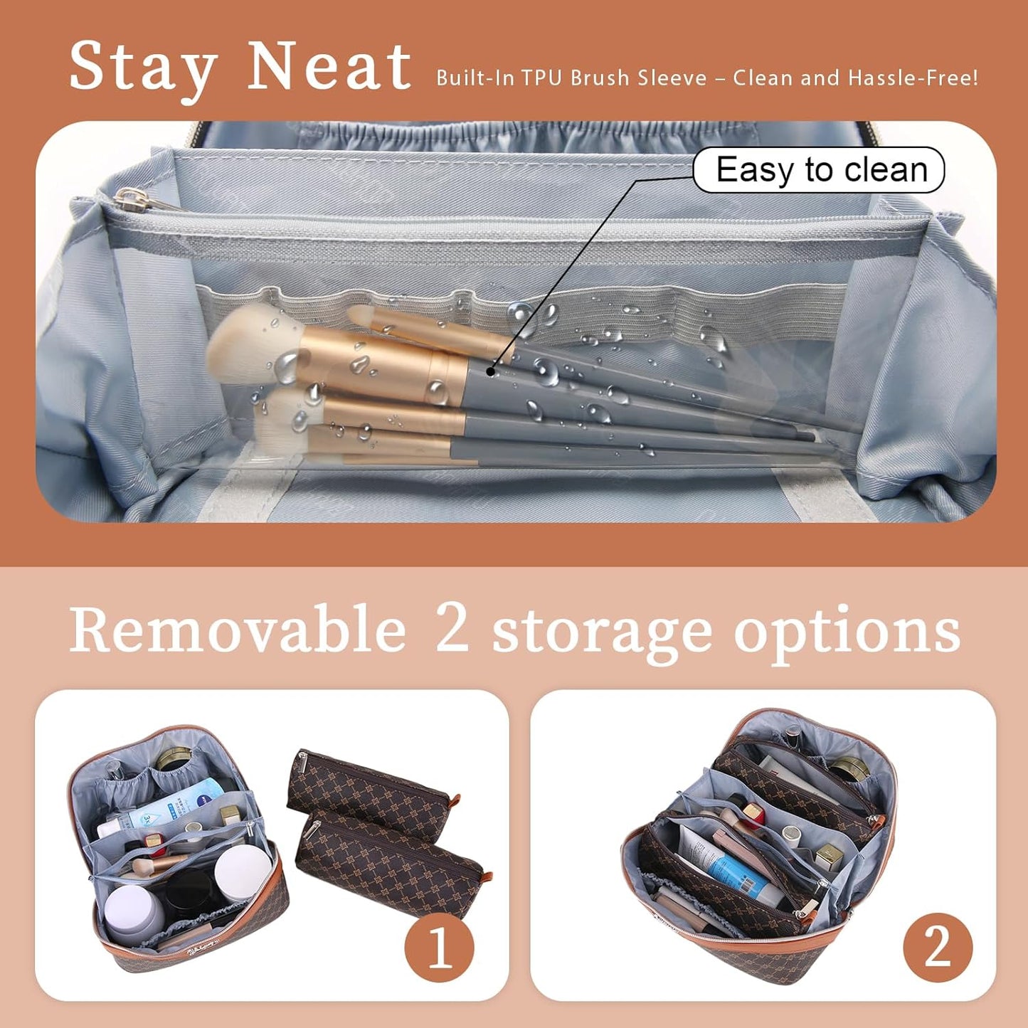 Travel Makeup Bag Set - Large Portable Vegan Leather Organizer | 3 Pcs with Handle - Ideal for Toiletries & Essentials (Coffee)