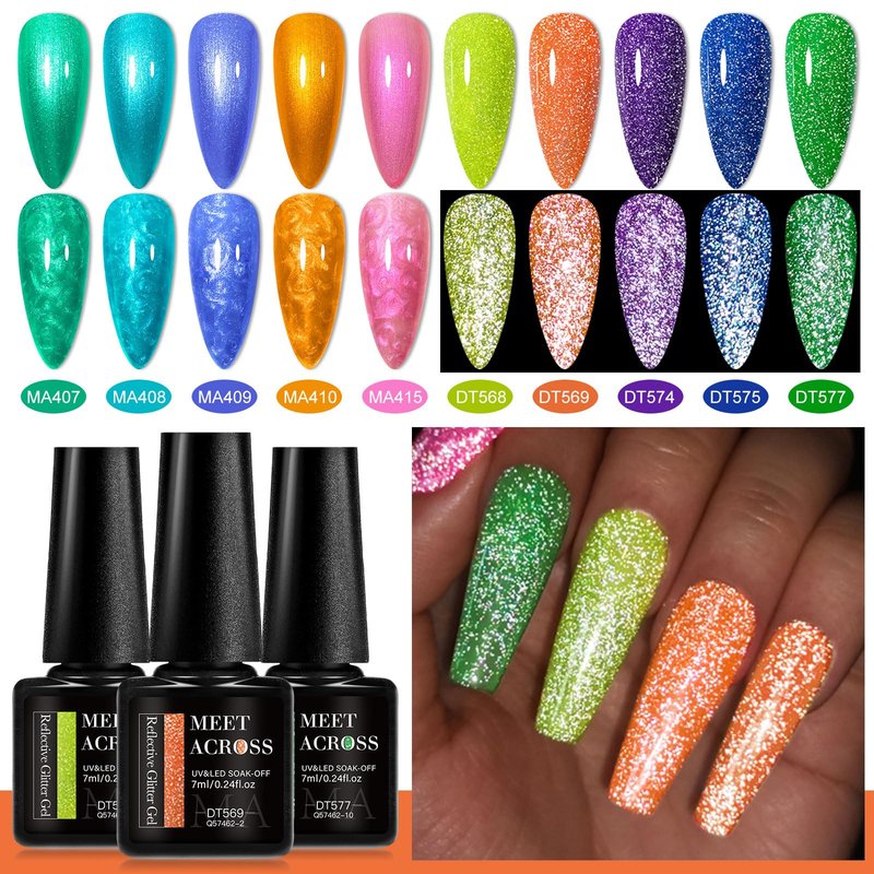 MEET ACROSS 12Pcs Gel Nail Polish Set 10 Colors Metallic Gel Polish + Reflective Glitter Neon Gel Polish, Soak Off Uv Led Nail Polish Kit with Base Top Coat Nail Gift for Her