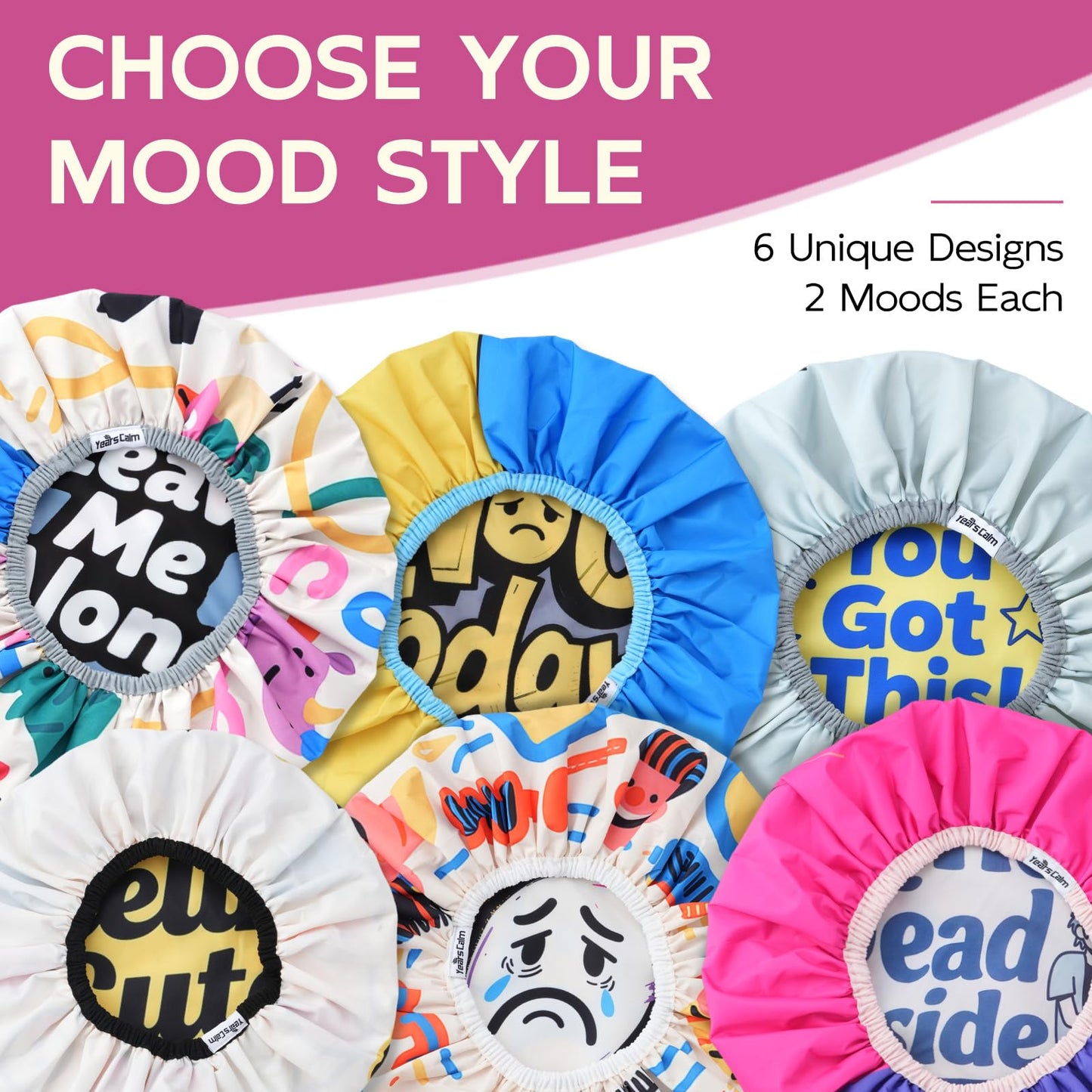 Years Calm Waterproof Shower Cap for Women - Double Sided Design for Long Thick Hair, Secure Fit & Flexible Elastic Band, Reusable Bath Cap for Shower, Spa, Travel (Mood Switch 2)