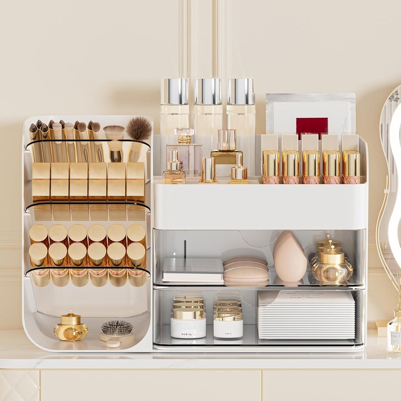 Makeup Organizer - 2 Drawer Cosmetic Storage Case with Brush Holders | Vanity & Bathroom Countertop Organizer (White, Medium)