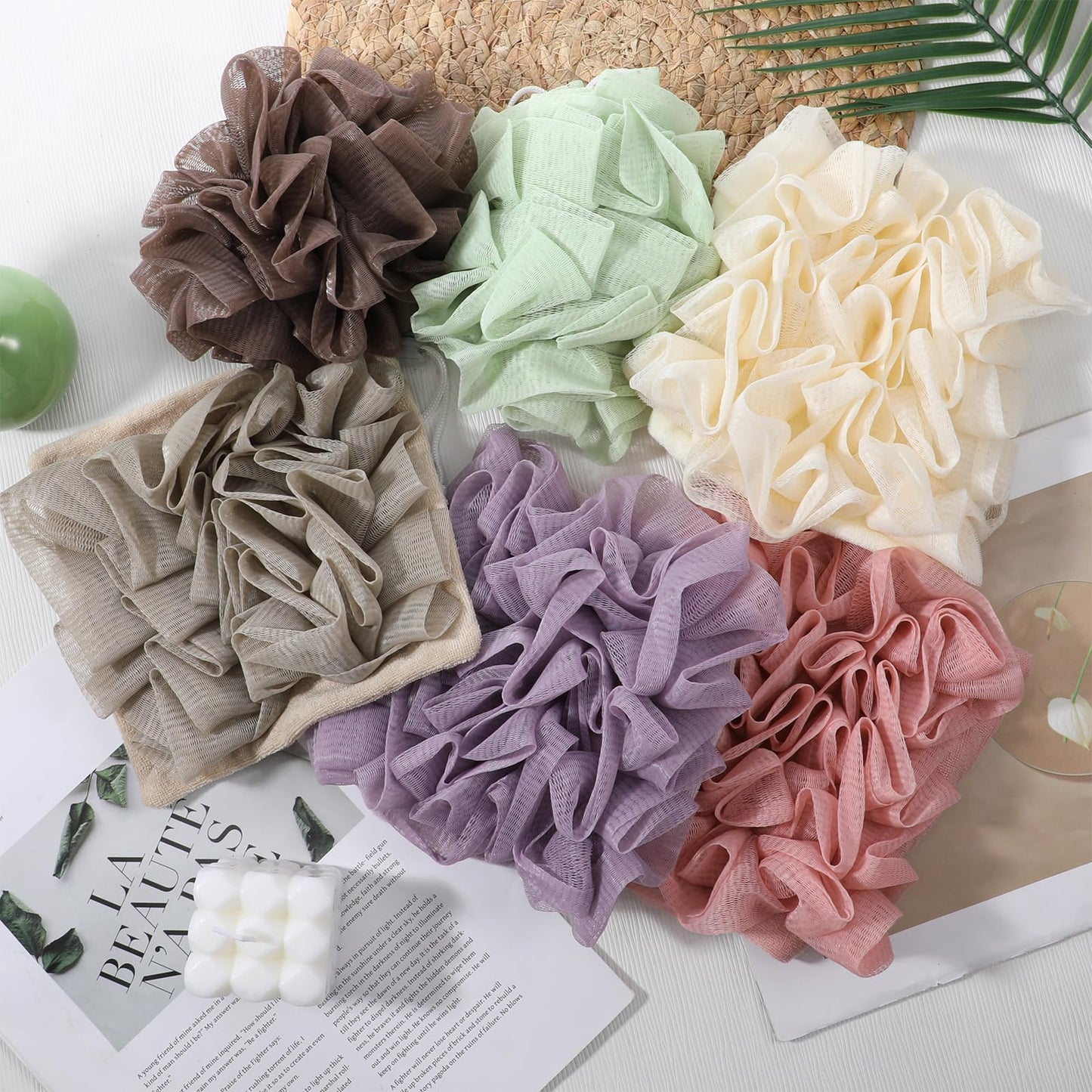 SHENLIU 12 Pack Loofah Washcloth Soap Bar Loofah, 2 in 1 Drawstring Exfoliation Bath Sponge with Bar Soap Pocket Exfoliation Mesh Shower Puff Ball Bath Shower Body Wash Cleansing Smooth Skin