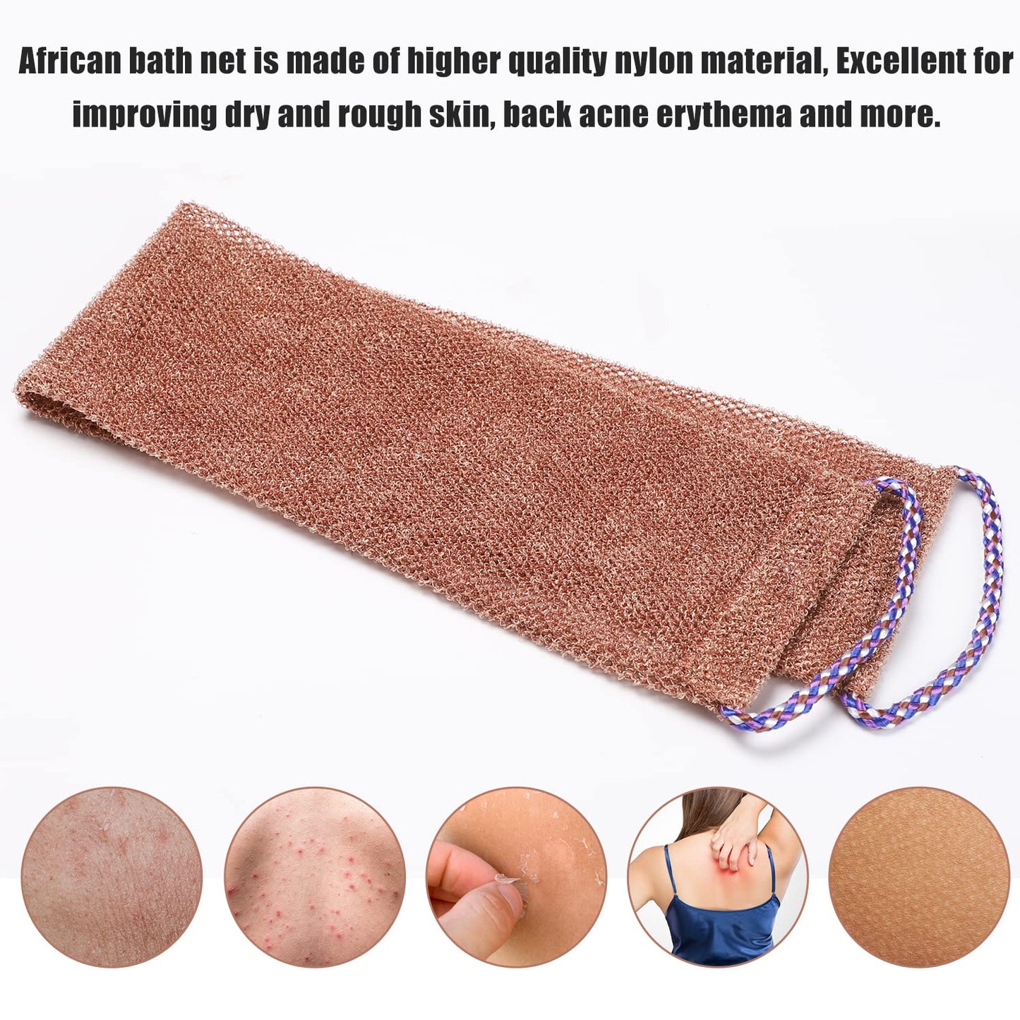Yrarbil 3 Pieces African Net Sponge, African Exfoliating Bathing Back Scrubbers with Handles, Shower Net Body Scrubber Skin Smoother (Blue Purple Coffee)