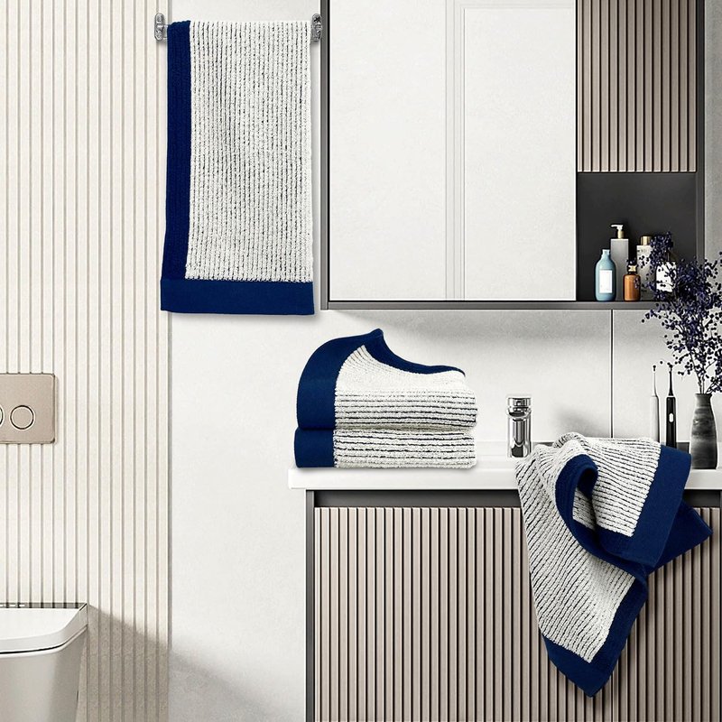 Cleanbear Hand Towels for Bathroom Set of 4, Jacquard Weave Bath Hand Towels, 28 x 13 Inches, Navy-Blue