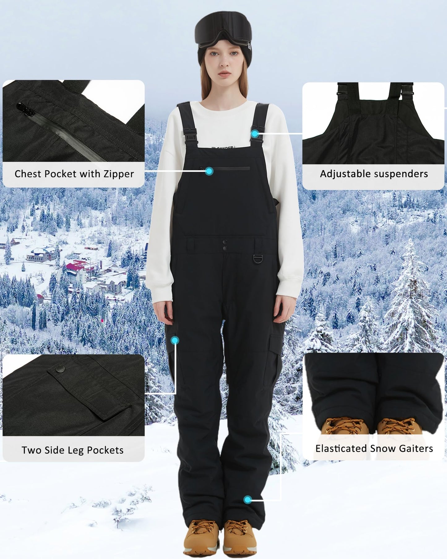 BUMDEEP Women and Mens Snow Bibs Adjustable Overalls Pants Windproof Waterproof Ski Pants Insulated Warm Pants(Black,S)
