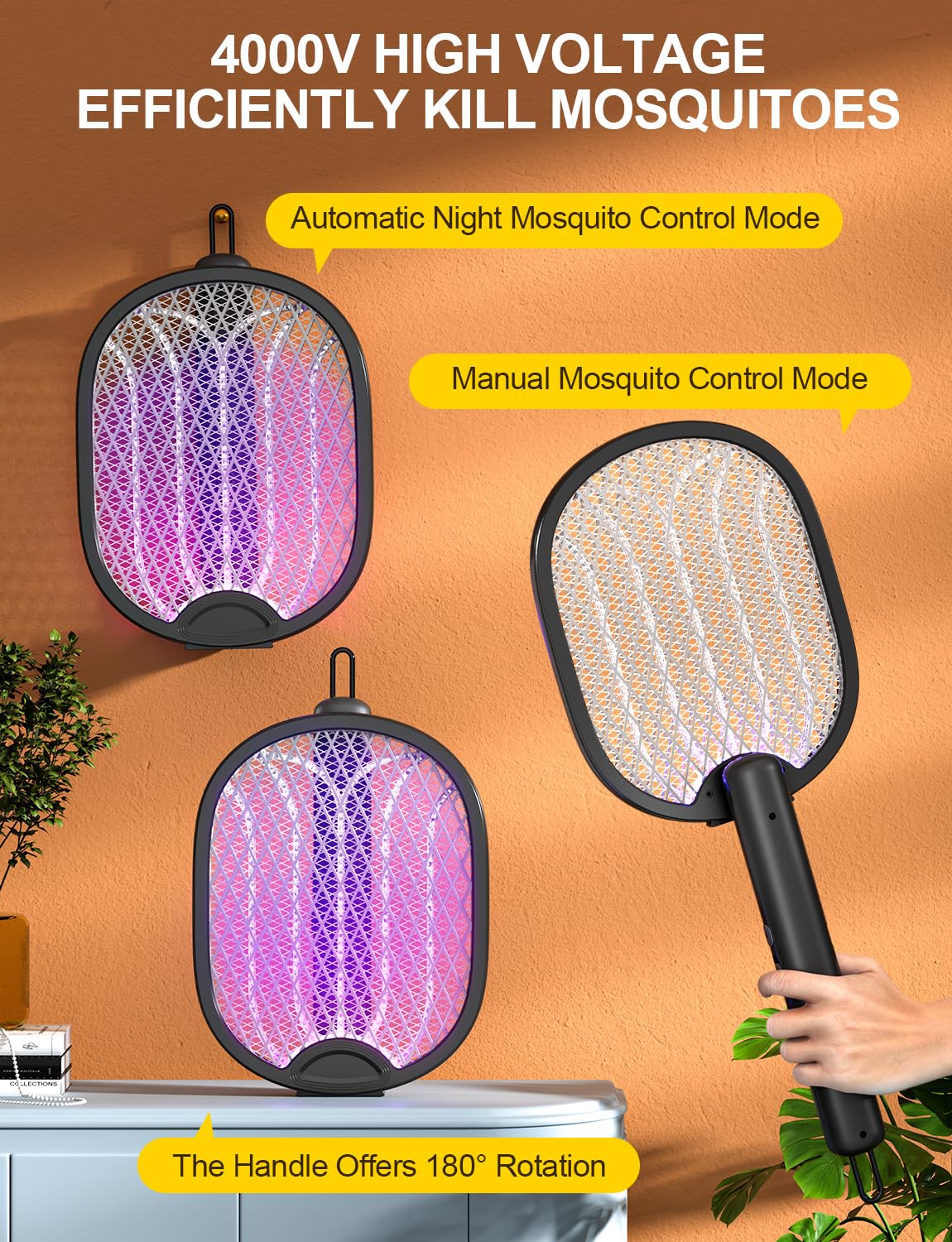 WOCVRYY Electric Fly Swatter 4000V Bug Zapper Racket with 1800mAh Rechargeable Battery 5-Layer Safety Mesh Dual Modes 180° Foldable Ideal for Indoor or Outdoor Use (Black)