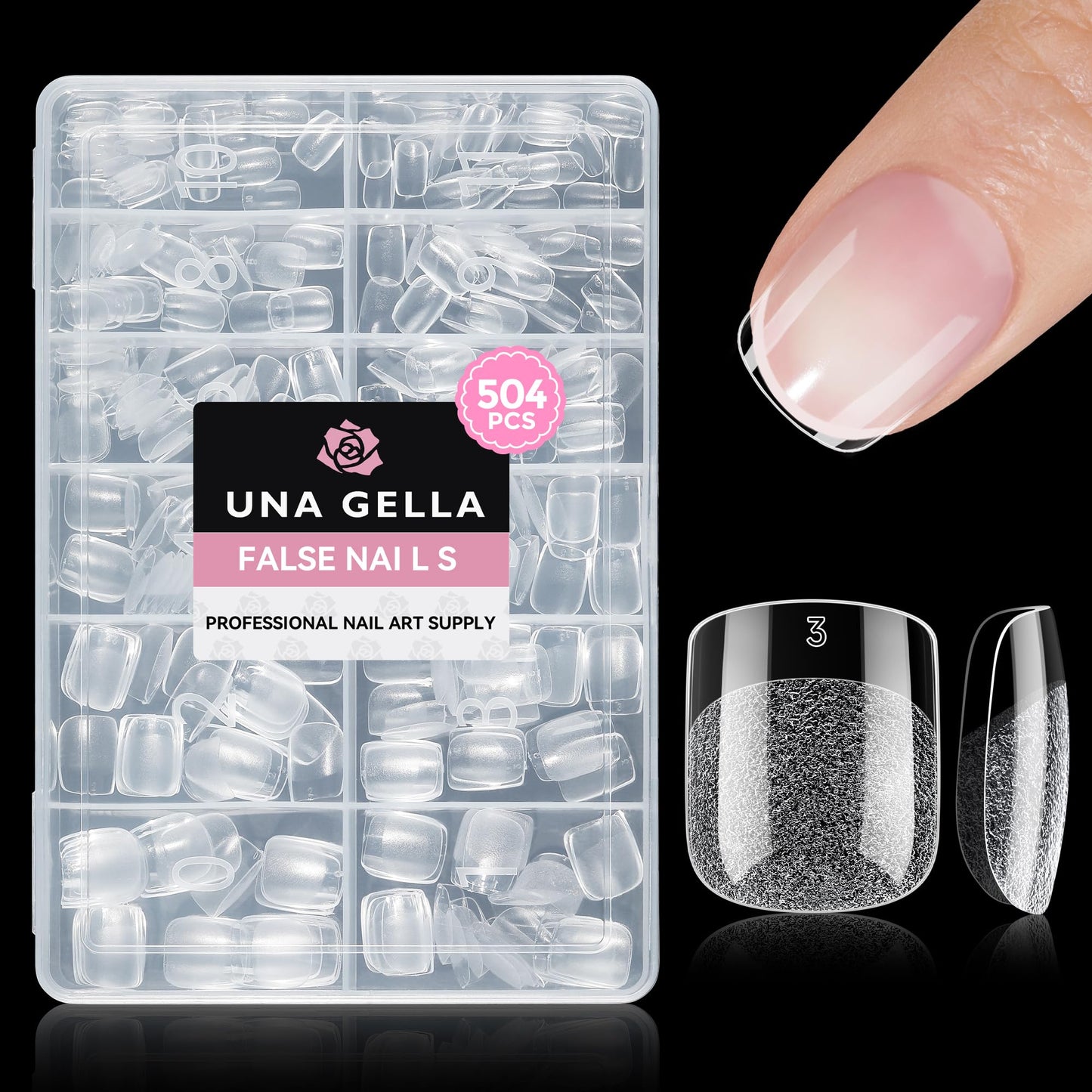 UNA GELLA Short Square Nail Tips Squoval 504PCS Pre Etched Extra Short Soft Gel Fake Nails Tips for Women DIY Squoval Press On Nails Extension French Style Salon Full Cover Acrylic Tips 12 Sizes