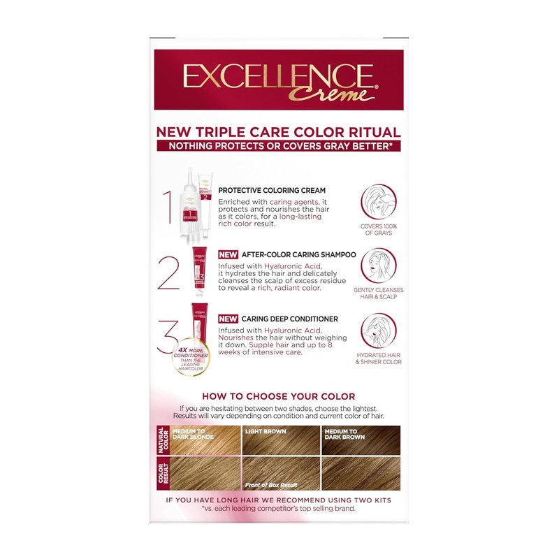 L'Oreal Paris Hair Dye - Excellence Crème, Triple Care Color with Hyaluronic Acid for 100% Gray Coverage | 6 Light Brown, 1 Kit