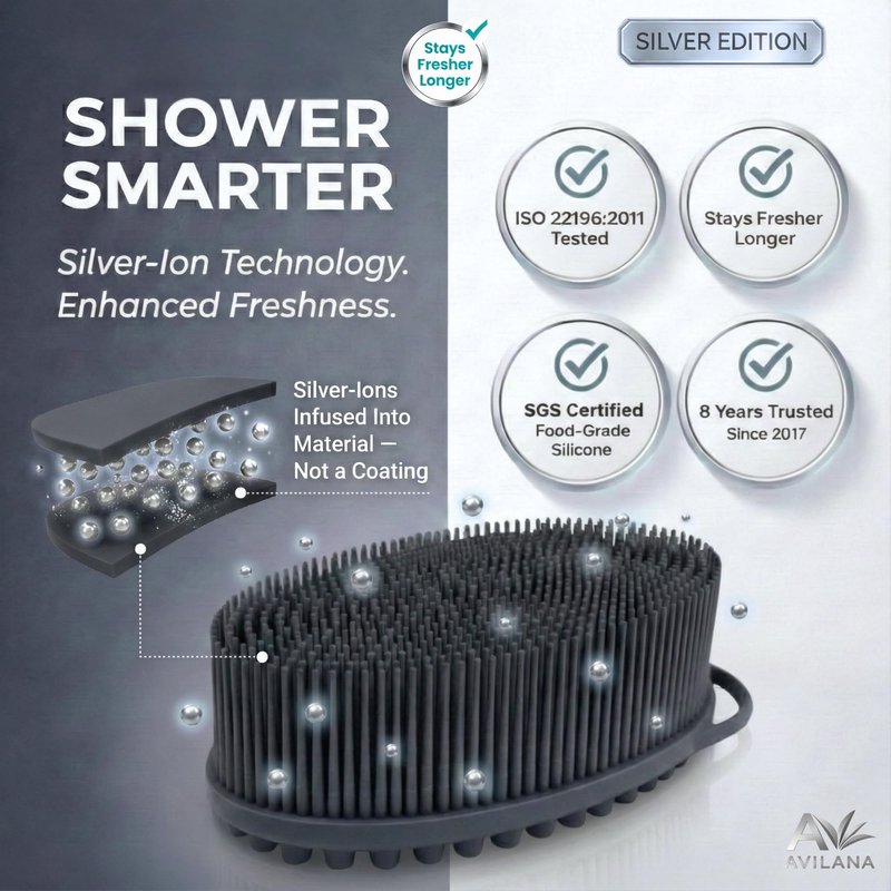 Avilana Premium Back Scrubber Long Handle 19 Inch - Trusted Since 2017 - SGS Certified Silicone Bath Brush, Dual Sided Exfoliating Body Brush Extended Reach Back Washer Women Men Seniors Gift