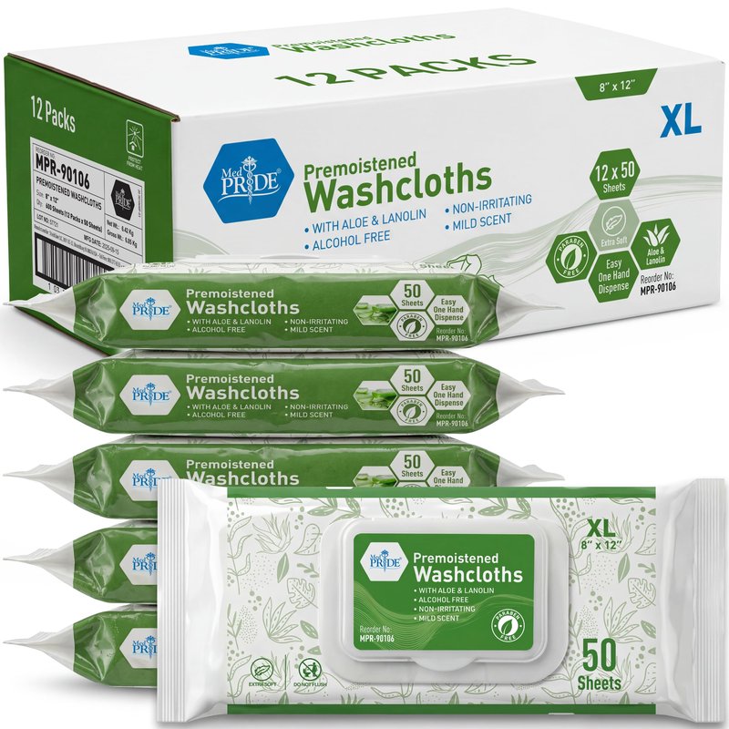 MED PRIDE 600 Count 8 X12 in Premoistened Disposable Wet Washcloths for Adults with Aloe & Lanolin Personal Cleansing Skincare Makeup Removal Travel