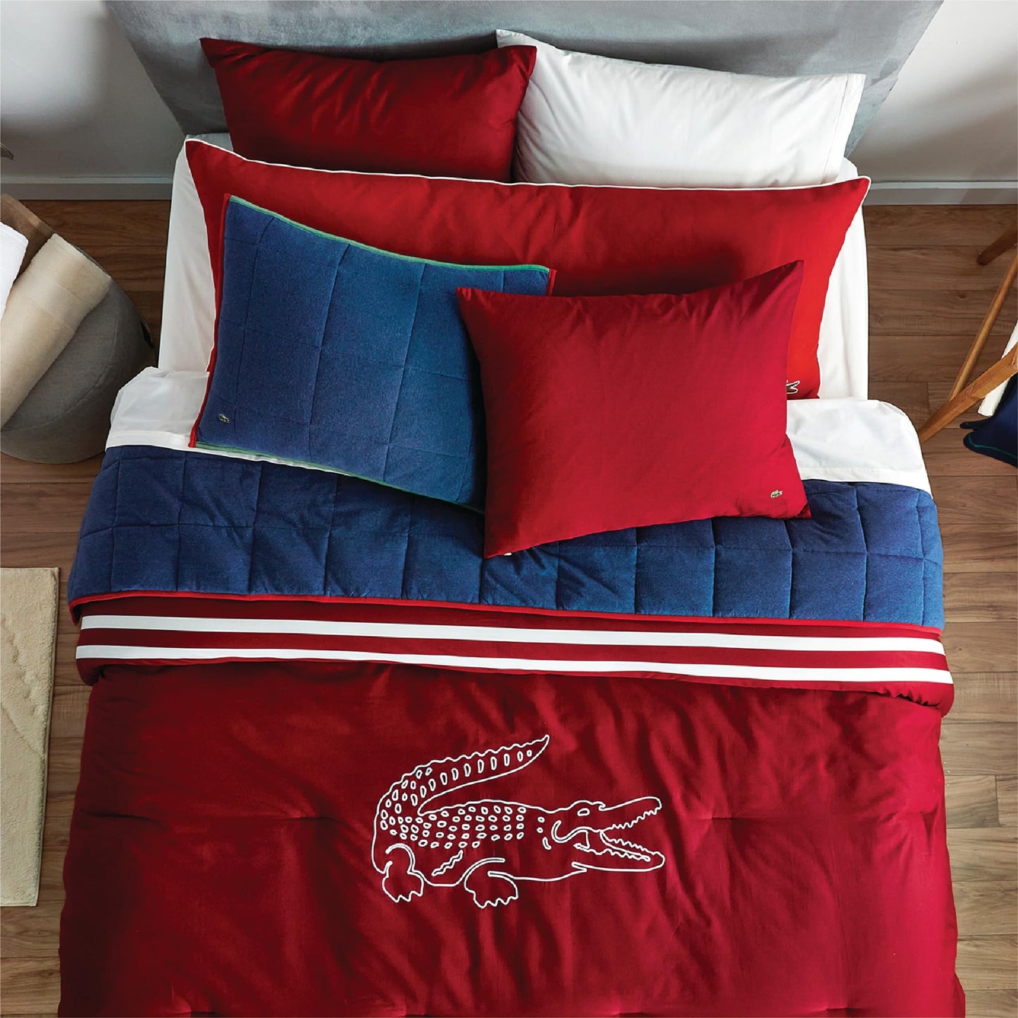 Lacoste Big Croc Comforter Set – 100% Cotton Percale 180-Thread Count, Reversible Duvet & Pillow Shams, Soft Breathable, Iconic Croc Logo, Rio Red, Twin