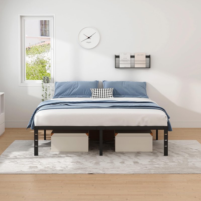 NEW JETO Metal Bed Frame,Queen Size Bed Frame with Storage Space,Heavy Duty Sturdy Mattress Foundation,Easy Assembly,No Box Spring Needed, Black,14 Inch,Queen