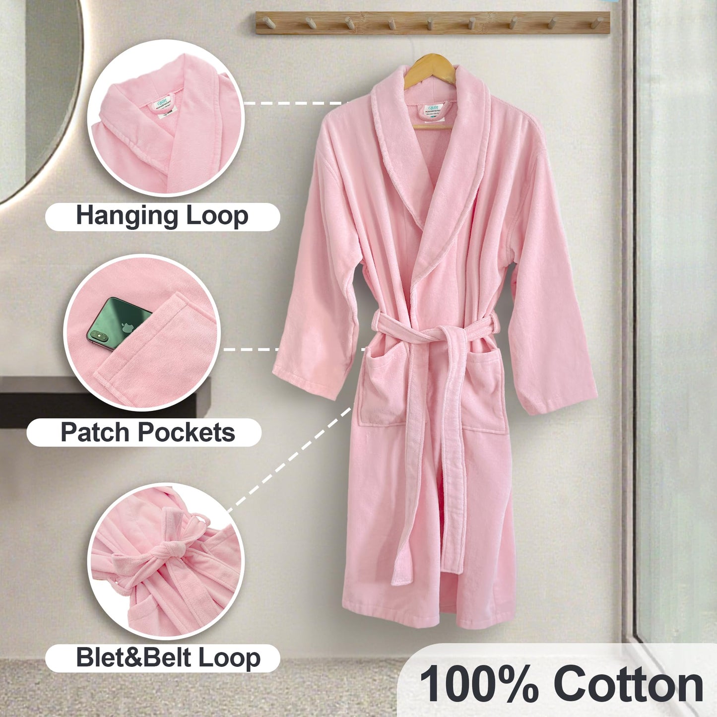Women Bath Robe,Premium 100% Cotton Terry Shawl Collar Super Absorbent Bathrobe, Ideal Bathroom Robe,Pink