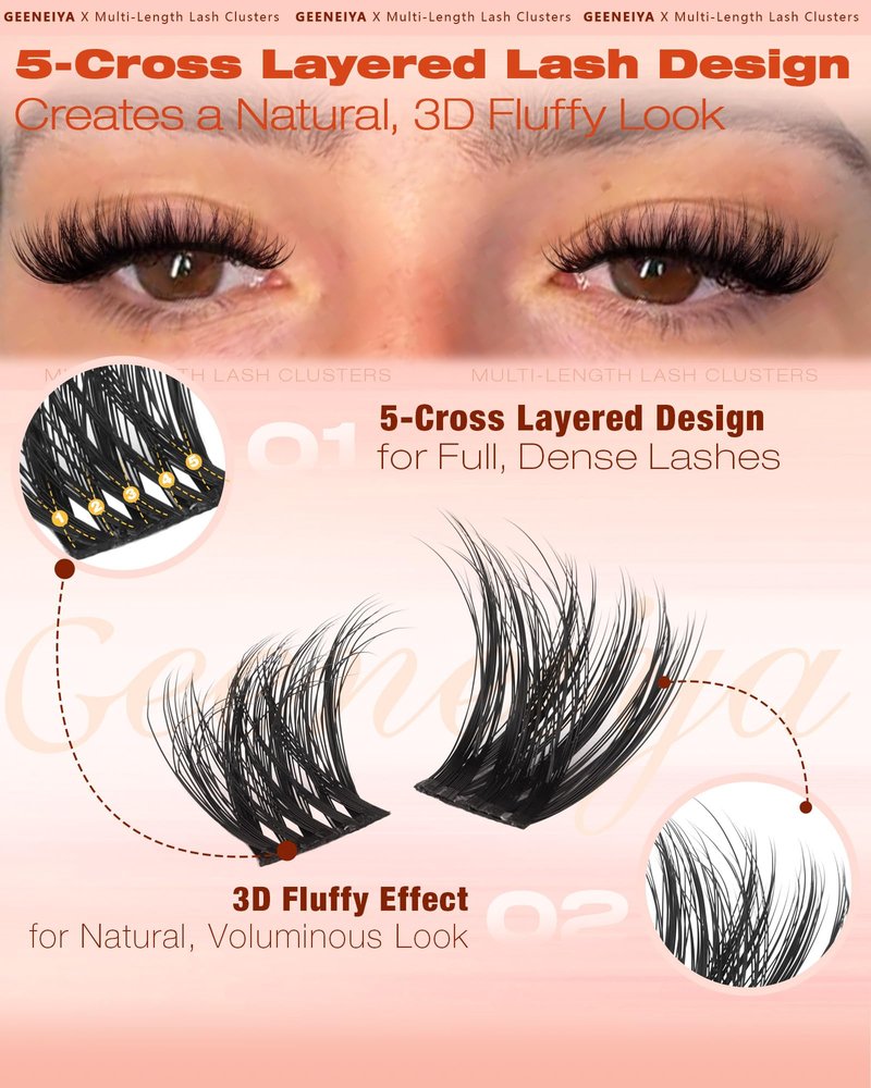 Geeneiya Fluffy Lash Clusters 8-16mm, Natural 3D Fluffy Effect Eyelash Clusters, C Curl DIY Cluster Eyelash Extensions for Salon-Like Lashes at Home