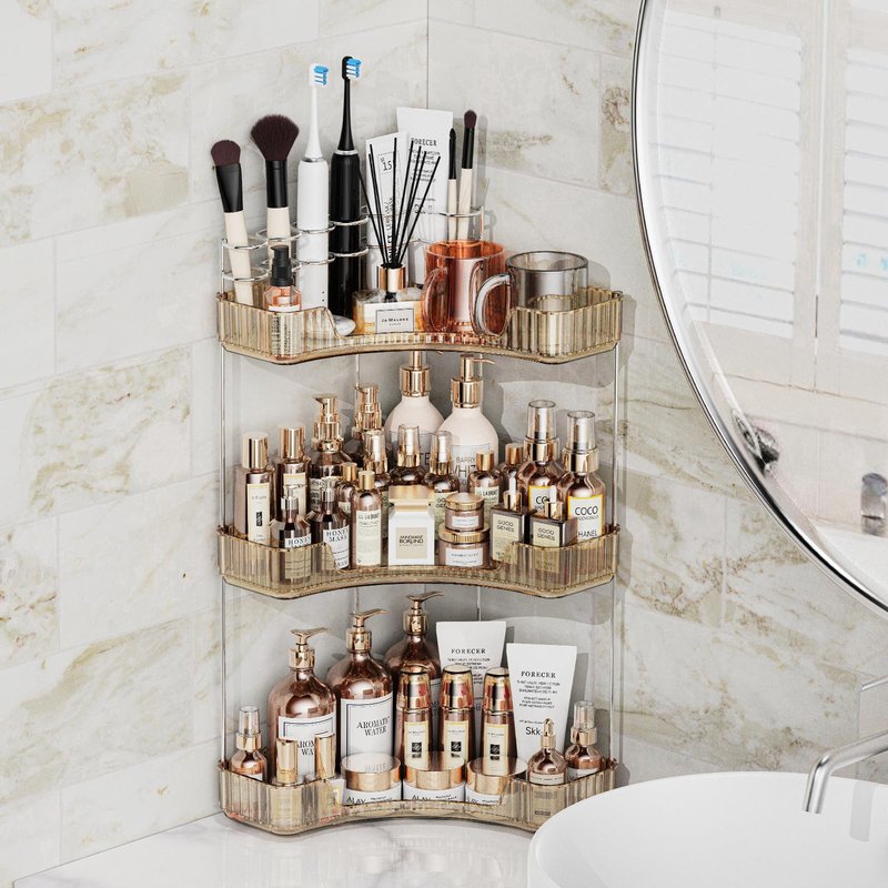 Asayuee 3-Tier Corner Bathroom Counter Organizer with Top Toothbrush Holders,Large Makeup Organizer Countertop with Brush Holder,Skincare Organizers Corner,Exquisite Vanity Organizer (Gold, 3 Tier)