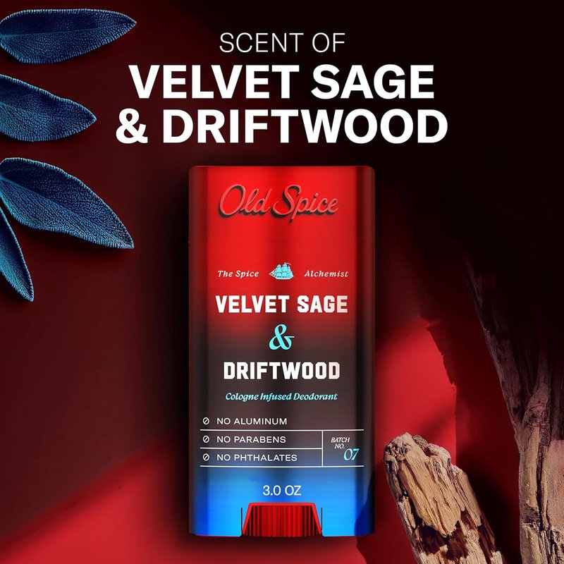 Old Spice Aluminum Free Deodorant for Men, The Spice Alchemist Collection, 24/7 Cologne Infused Scent, No Trade Off Formula, Free of Parabens & Phthalates, Velvet Sage + Drift Wood Scent, 3.0 oz